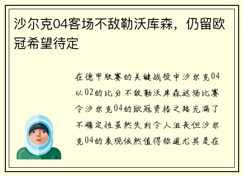 沙尔克04客场不敌勒沃库森，仍留欧冠希望待定