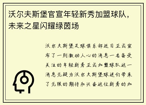 沃尔夫斯堡官宣年轻新秀加盟球队，未来之星闪耀绿茵场